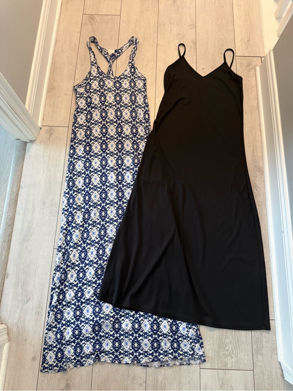 Women's Dresses Black Slip Dress & Blue & White Lined Maxi Dress, M
